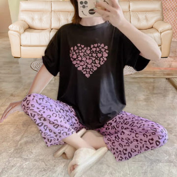 Black With Purple Heart Printed half sleeve T-shirt with Cheeta Print Trouser Suit (RX-369)