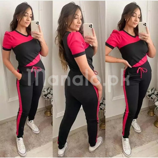 Red With Black Panel Half Sleeves T Shirt with Panel Pajama Suit for her (RX-164)