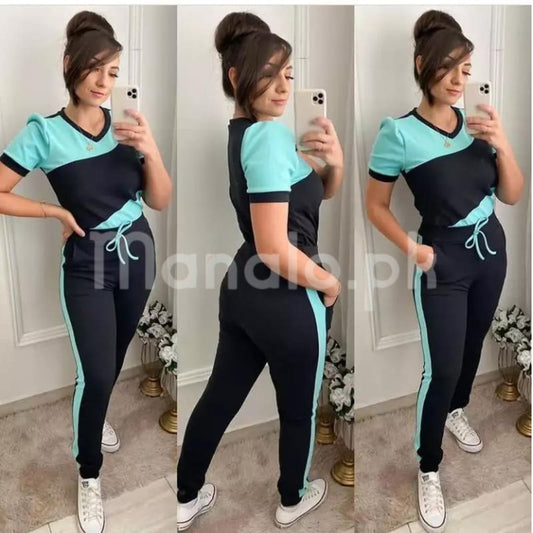 Blue With Black Panel Half Sleeves T Shirt with Panel Pajama Suit for her (RX-165)