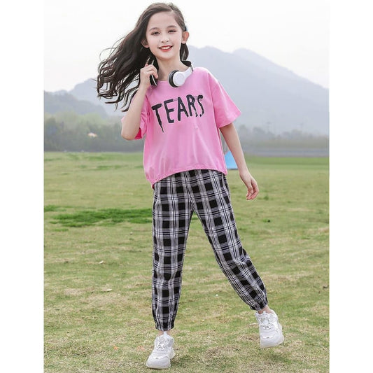 Baby Or Baba Pink Tears Print Half Sleeves T-shirt With Check Printed Pajama Suit for Kids (1 Pcs) (RX-177)