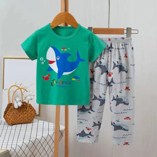 Baby Or Baba Green Shark Print Half Sleeves T-shirt With Printed Pajama  Suit for Kids (1 Pcs) (RX-172)