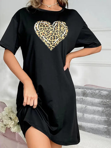 Black With Cheetah Heart Print Long Shirt For Women (MN-217)