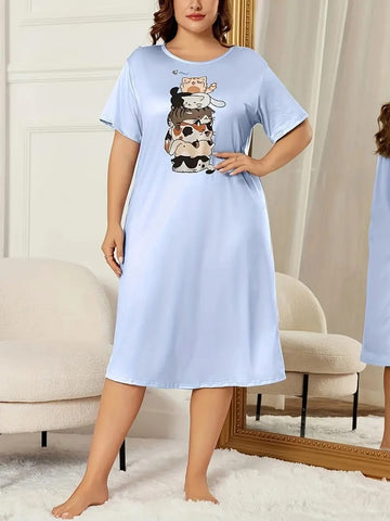 Blue Cats Print Long Shirt For Women (MN-214)