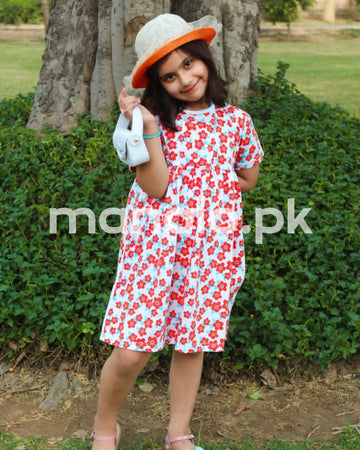 White With Red Flowers Print Half Sleeves Frock For Baby Girl