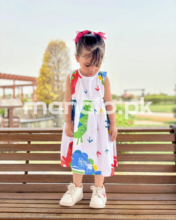 White With Multi Color Dino Print Sleeveless Frock For Baby Girl