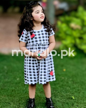 Black And White Check With Strawberry Print Half Sleeves Frock For Baby Girl