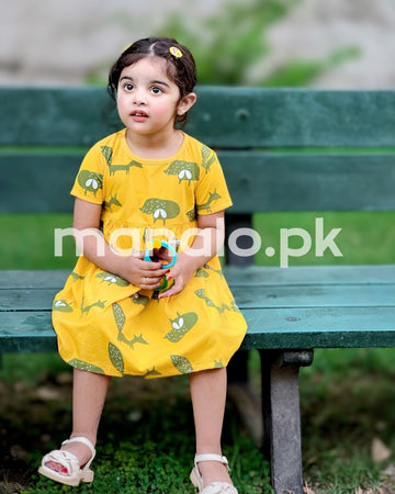 Yellow Cute Animals Printed Half Sleeves Frock For Baby Girl