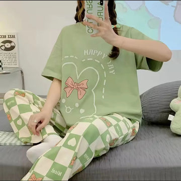 Olive Green Happy Day Printed Half Sleeves Night Suit