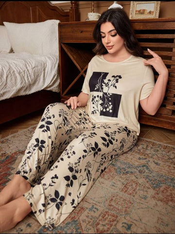 Off white Leaves Printed T-Shirt with leaves printed trouser Night wear