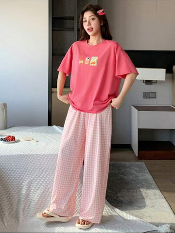 Pink Juices Printed T.shirt with check printed trouser Night wear