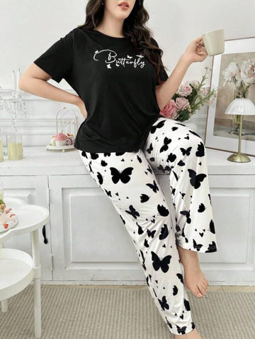 Black Butterfly Printed T-Shirt with Butterfly printed trouser Night wear