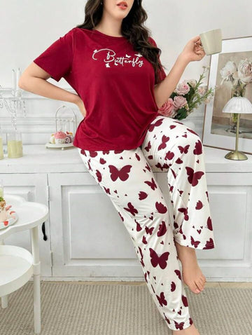Maroon Butterfly Printed T-Shirt with Butterfly printed trouser Night wear
