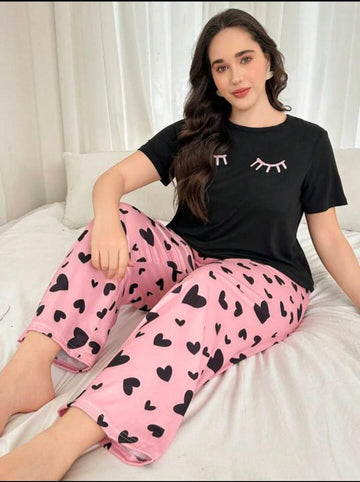 Black Sleepy Eyes Printed T.shirt with Hearts printed trouser Night wear