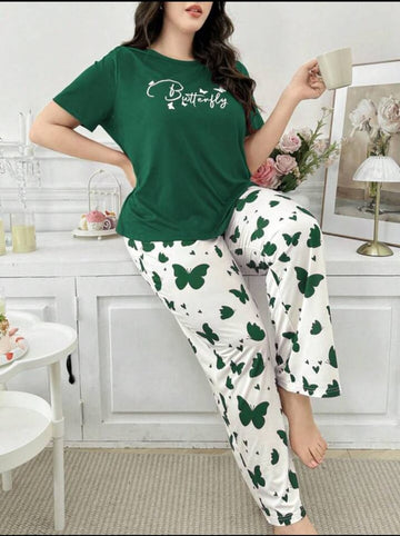 Dark Green Butterfly Printed T-Shirt with Butterfly printed trouser Night wear