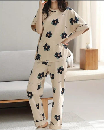 Brown BIG Black all over flowers Print Half Sleeves Printed Night Suit
