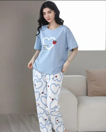 Sky blue Strawberry heart Print Half Sleeves Printed Night Suit