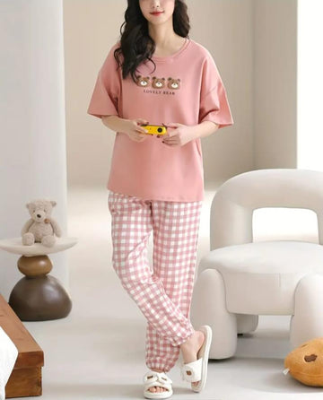 Pink lovely 3 bears Print Half Sleeves Printed Night Suit
