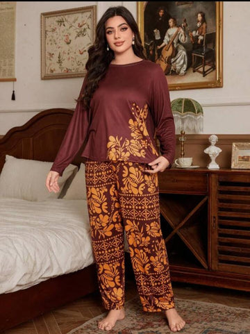 Maroon Floral Print Half Sleeves with floral Printed pajama Night Suit