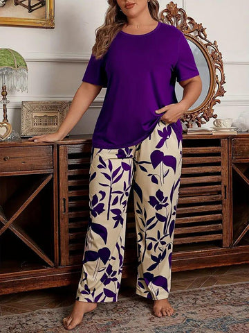Purple Plain Half Sleeves with floral Printed pajama Night Suit