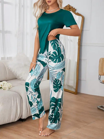 Green Plain Half Sleeves with Floral Printed pajama Night Suit