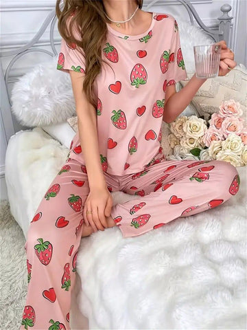 Pink All over Strawberry Half Sleeves with Printed pajama Night Suit