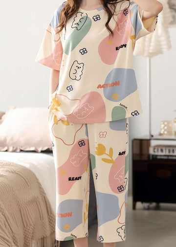 Off white Multicolor Cute Bears Half Sleeves with Printed pajama Night Suit