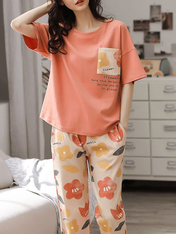 Pink Flower Pocket (NEW) Half Sleeves with Big flowers Printed pajama Night Suit