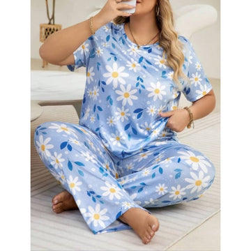 Blue Flowers Print Half Sleeves T-shirt With Flowers Print Pajama Suit (RX-9004)