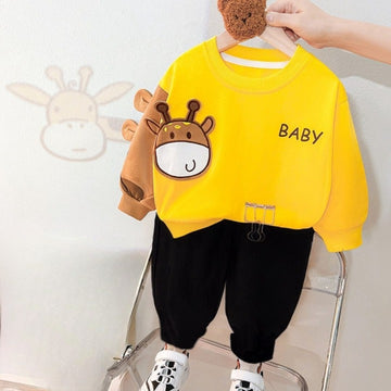 Yellow Cow Printed Sweatshirt with black trousers Kids track suit (RX-50003)