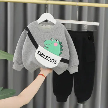 Grey Smile Cute Printed Sweatshirt with black trousers Kids track suit (RX-50001)