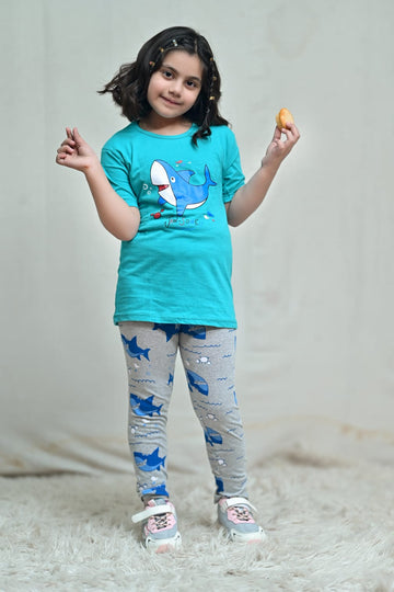 Green shark Printed Kids Night Suit