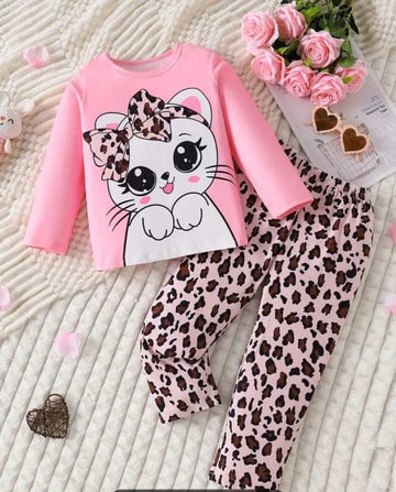 Pink Cute Kitty with cheetha pajama Printed Kids Night Suit