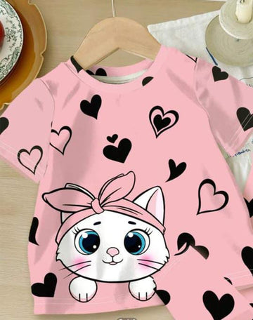 Pink Kitty with black hearts Printed Kids Night Suit