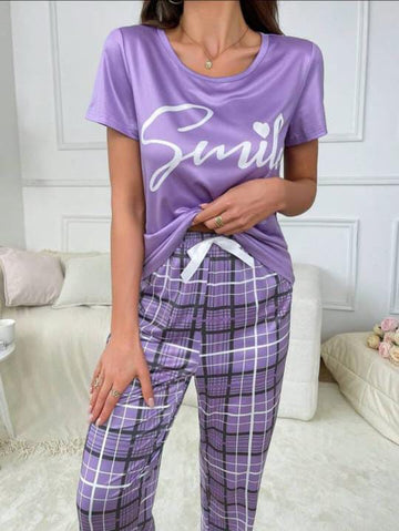 Purple smile print with check pajama Printed Night wear