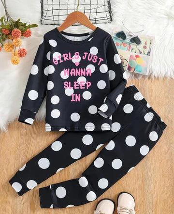 Black Polka Dot wanna sleep Printed Kids Night Suit