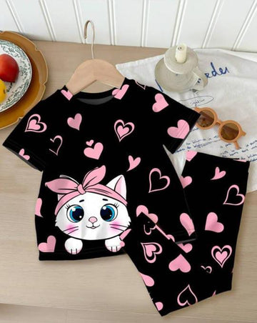 Black kitty with pink hearts Printed Kids Night Suit