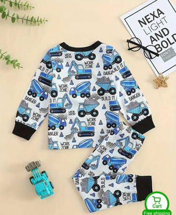 White and Blue Big Truck Printed Kids Night Suit