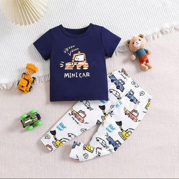Navy Blue Mini Car with White pajama Printed Kids Night Suit