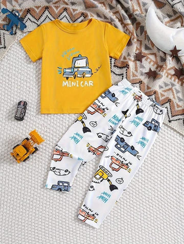 Yellow Mini Car with White Pajama Printed Kids Night Suit