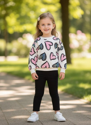 White With Pink And Black Hearts Print Kids track suit