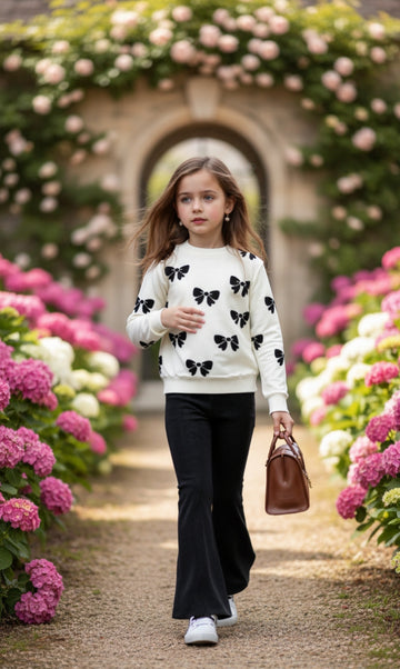 White With Black Bow Print Kids track suit