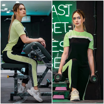 Green Stylish Printed Half Sleeves T Shirt with Panel Pajama Suit for her (RX-80)