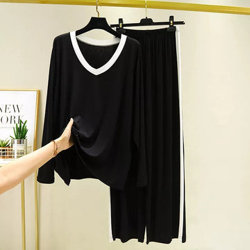 Black with White Pipen and Black with White Panel Pajama Full Sleeves Night Suit for Her (RX-215)