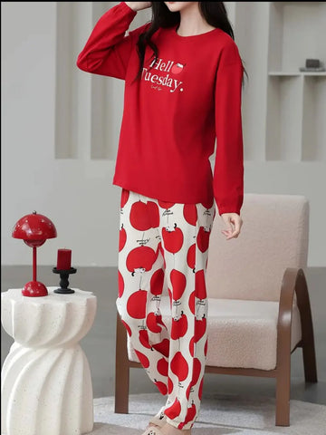 Red Hello Tuesday Printed Full Sleeves Pj The Ultimate Dream Wear Sleep Suit