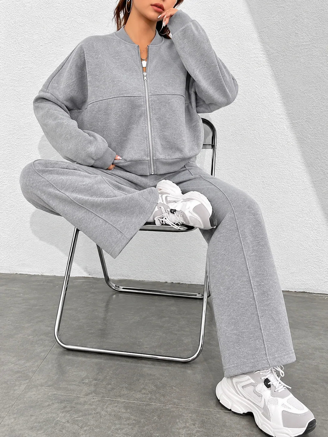 Light Grey Zipper Fleece Wide Leg Track Suit