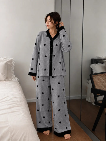 Black Linning Hearts Stripe Printed V-Neck Button PJ Set For Her