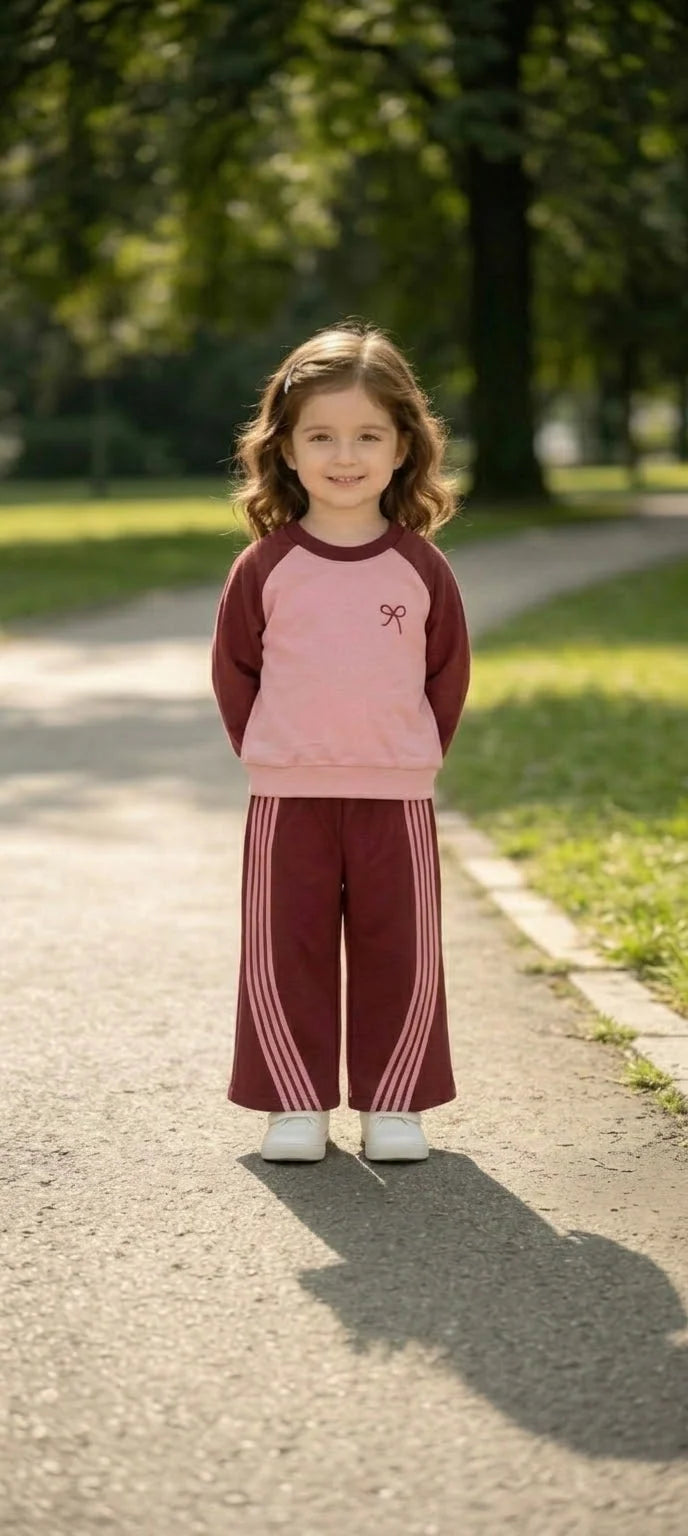 Maroon And Pink Sweat Shirt With Pink Stripes Kids Track Suit