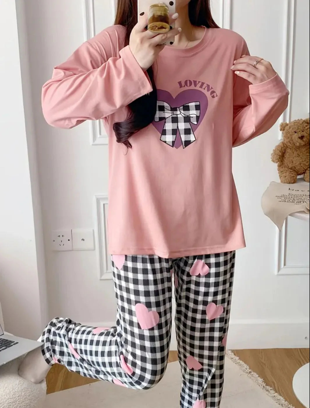 Baby Pink Loving with Check Ribbon Printed Full Sleeves PJ The Ultimate Dream Wear Sleep Suit