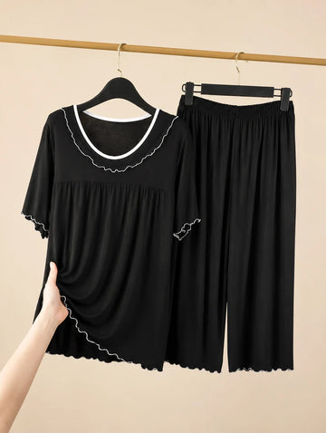 Black Frill Neck Half Sleeves The Ultimate Dream Wear Sleep Suit
