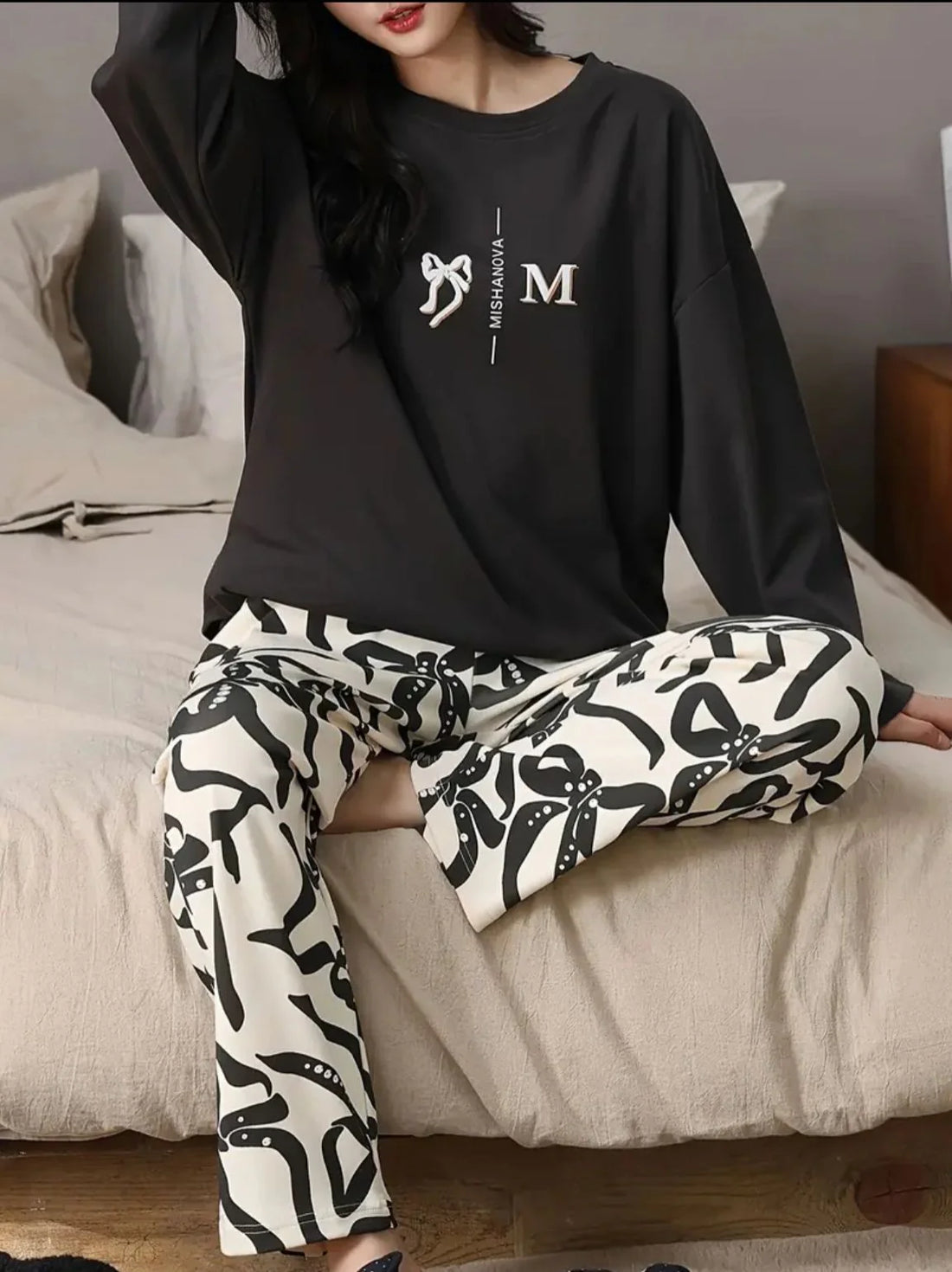 Black Ribbon Printed Full Sleeves Shirt with Off White Printed PJ The Ultimate Dream Wear Sleep Suit